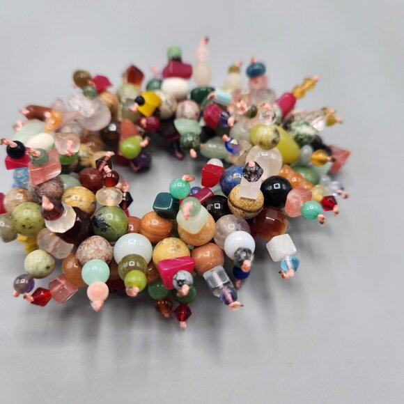 Multicolor Gemstone Bracelet Cluster Chunky Beaded Color Burst Stretchy - Picture 9 of 11